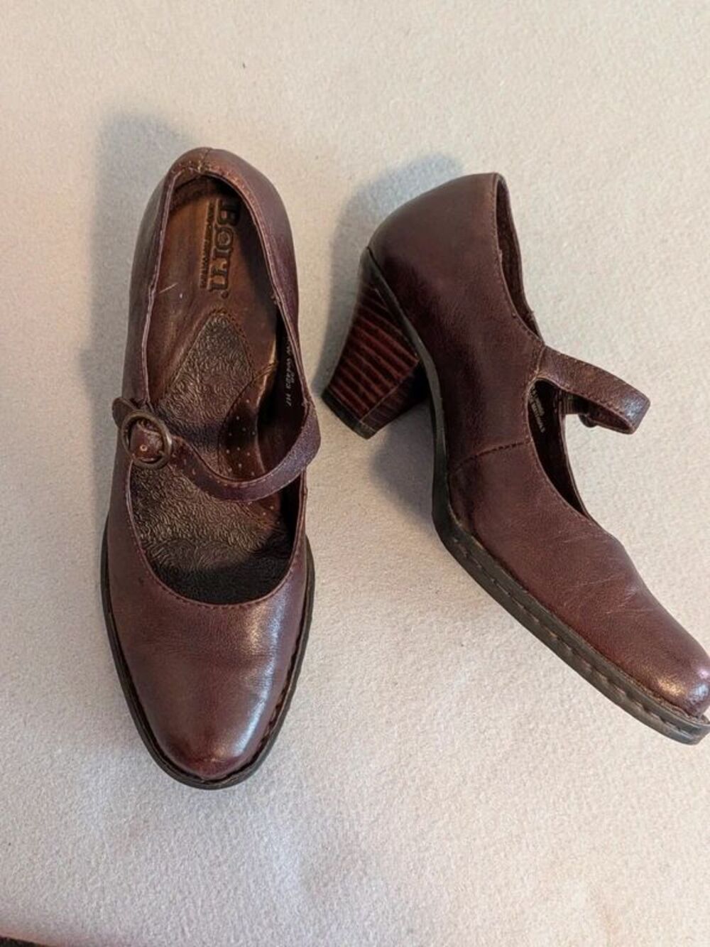 Born Chocolate Brown Leather Mary Jane Block Heels Women 7 Boho Fall Academia